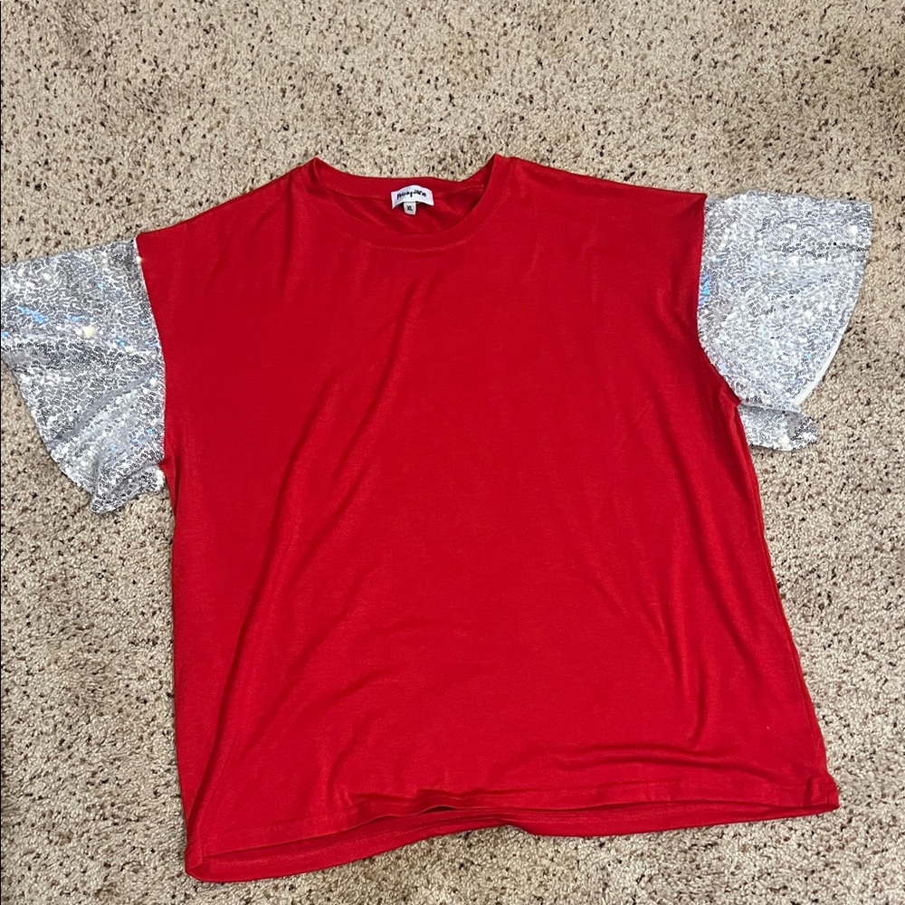 Red Short Sleeve Tee with Silver Sequin Sleeves - Unknown Brand